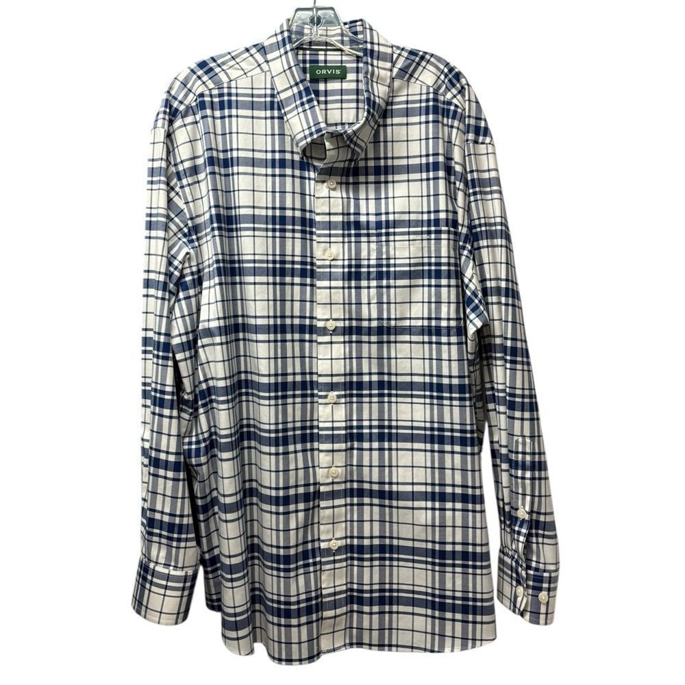 Orvis Long Sleeve Casual Button Down in Blue & White Plaid, Size XXL